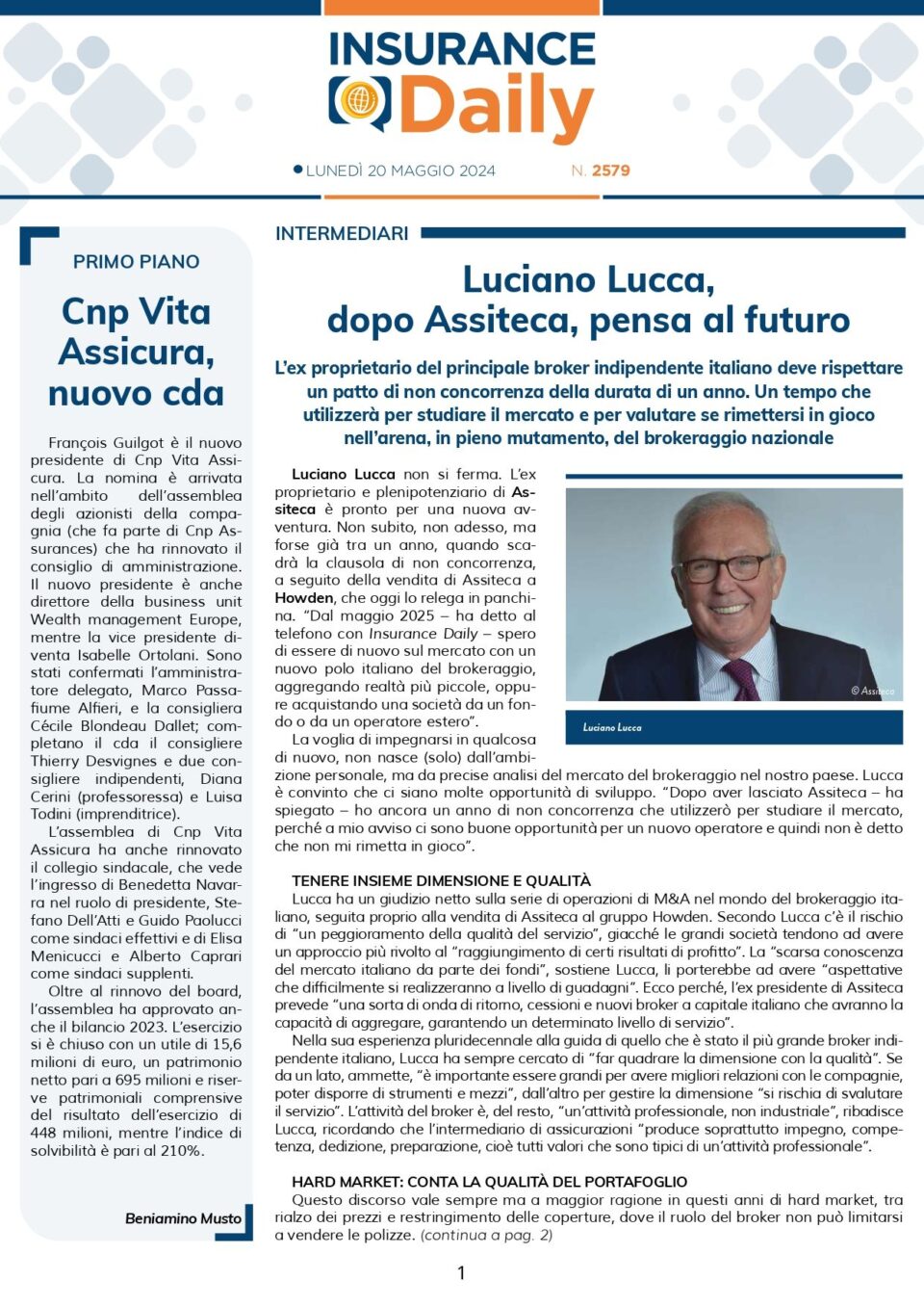 Articolo di Insurance Trade dedicato al futuro del presidente Luciano Lucca.