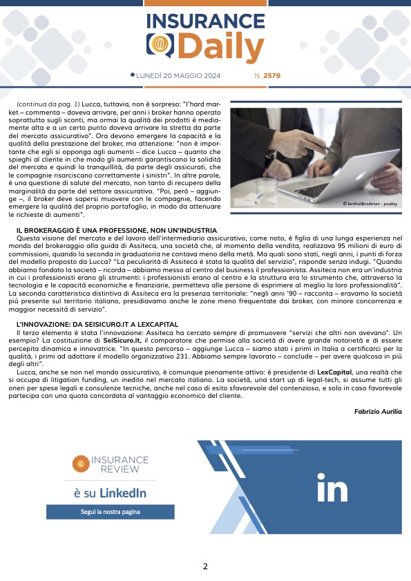 Articolo di Insurance Trade incentrato sul futuro del presidente Luciano Lucca.